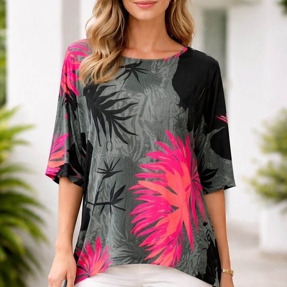 Clara Sun Woo Tunic Size XS Gray Pink Coral Angle Hem Lagenlook Floral Tropical